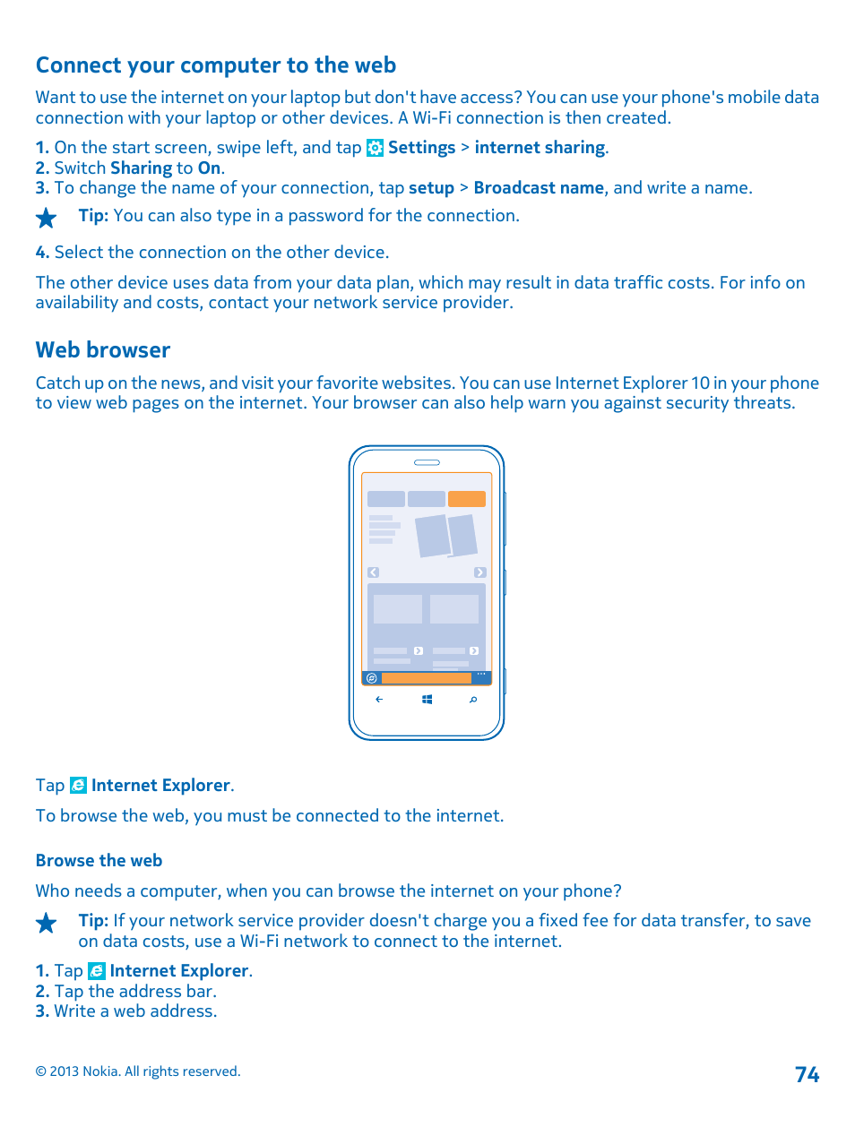 Connect your computer to the web, Web browser, Browse the web | Nokia Lumia 620 User Manual | Page 74 / 110