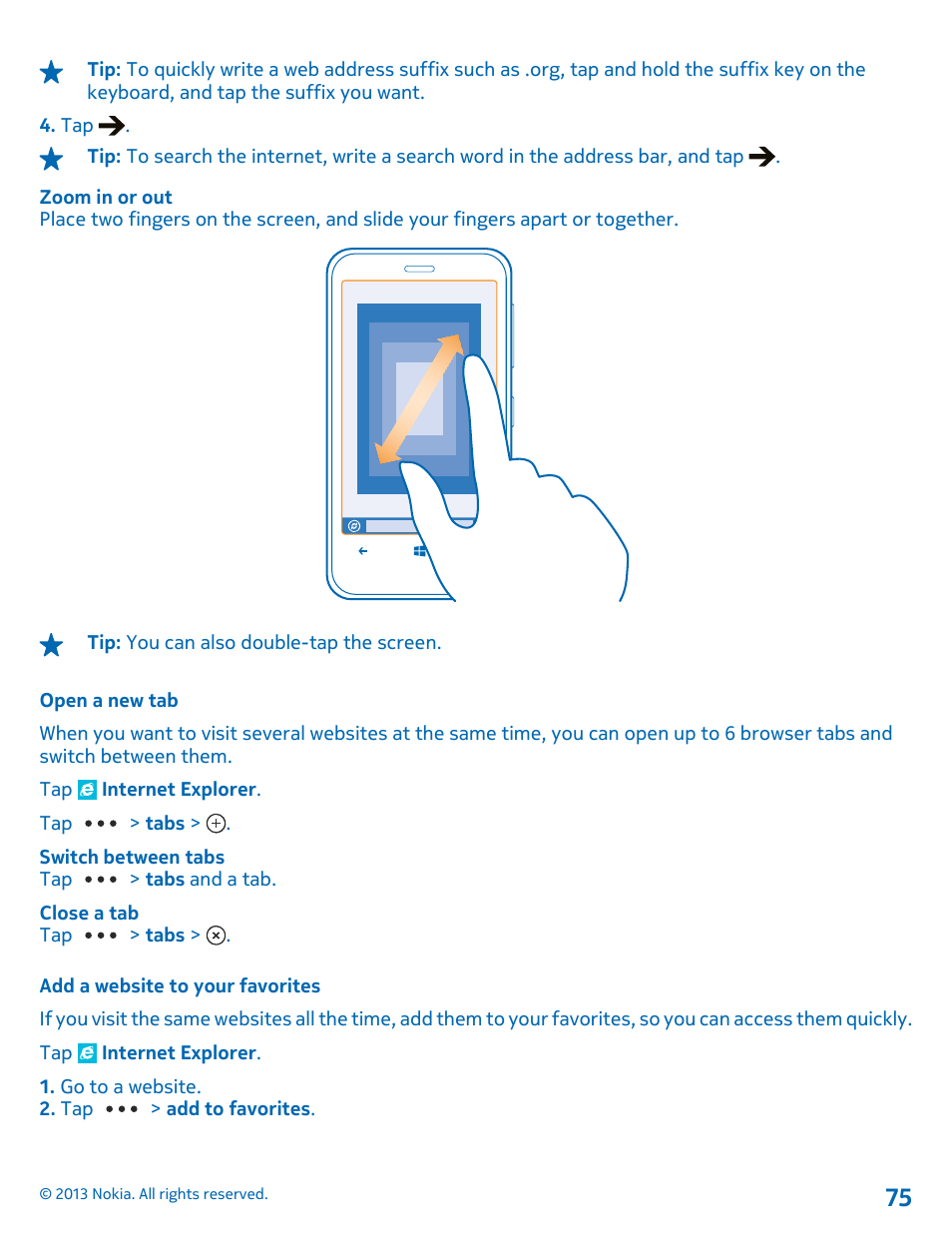 Open a new tab, Add a website to your favorites | Nokia Lumia 620 User Manual | Page 75 / 110