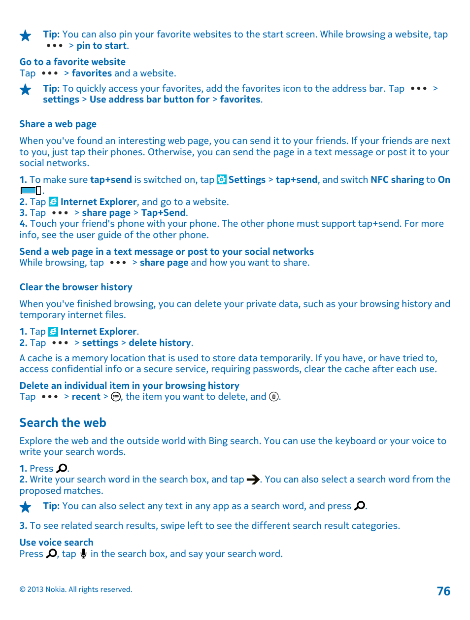 Clear the browser history, Search the web | Nokia Lumia 620 User Manual | Page 76 / 110