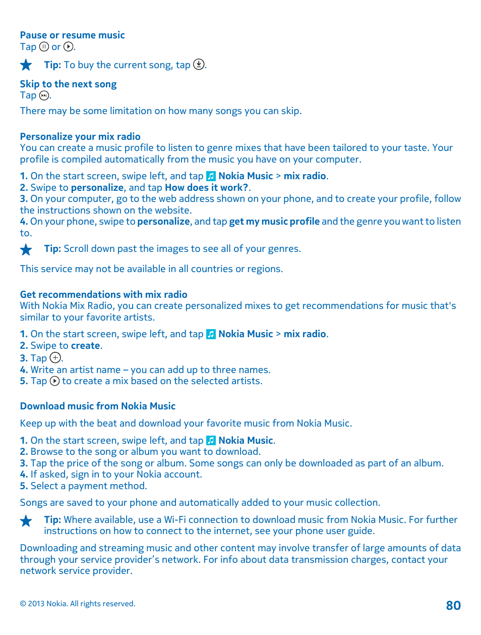 Personalize your mix radio, Get recommendations with mix radio, Download music from nokia music | Nokia Lumia 620 User Manual | Page 80 / 110