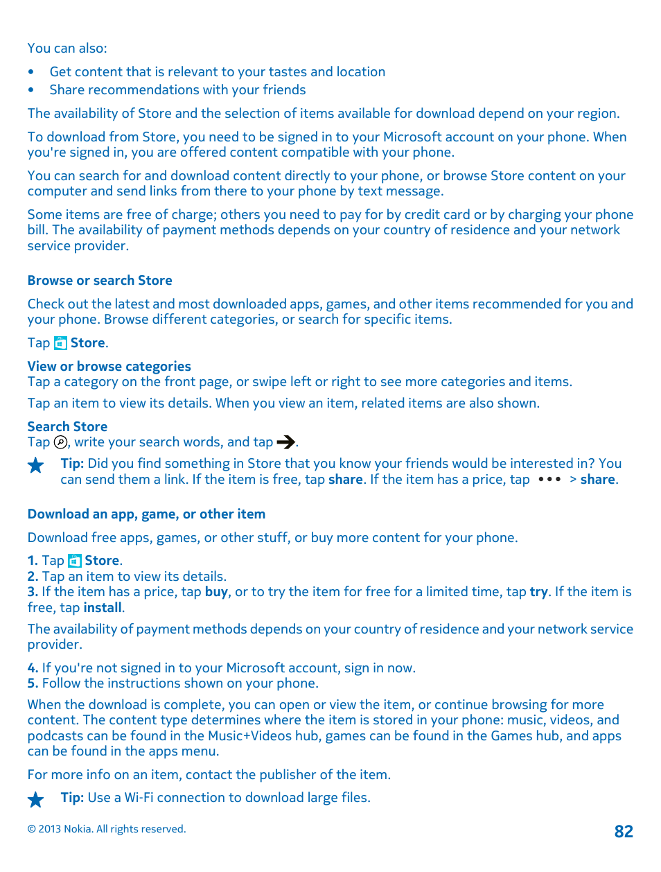 Browse or search store, Download an app, game, or other item | Nokia Lumia 620 User Manual | Page 82 / 110