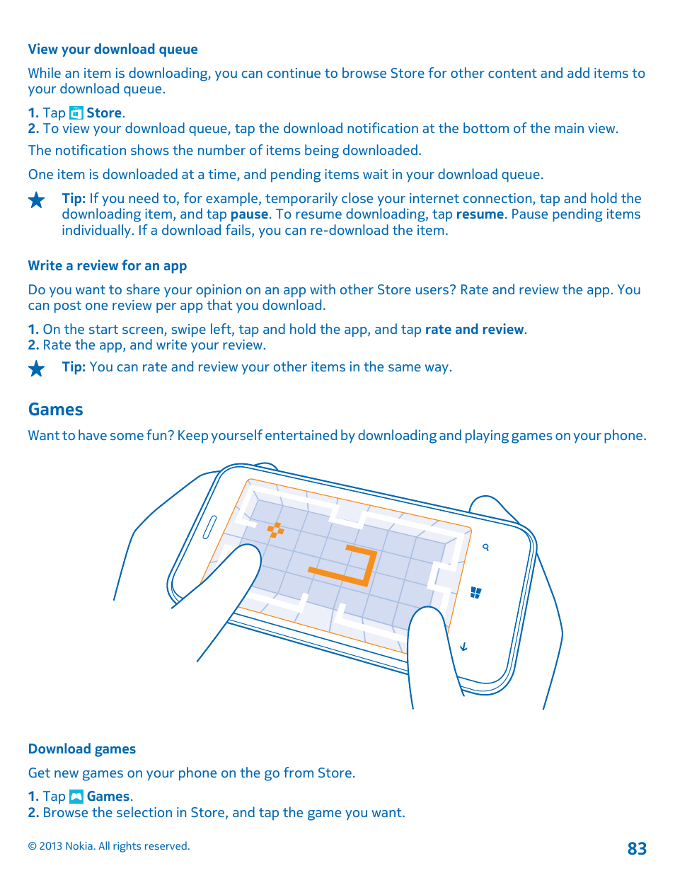 View your download queue, Write a review for an app, Games | Download games, Games 83 | Nokia Lumia 620 User Manual | Page 83 / 110