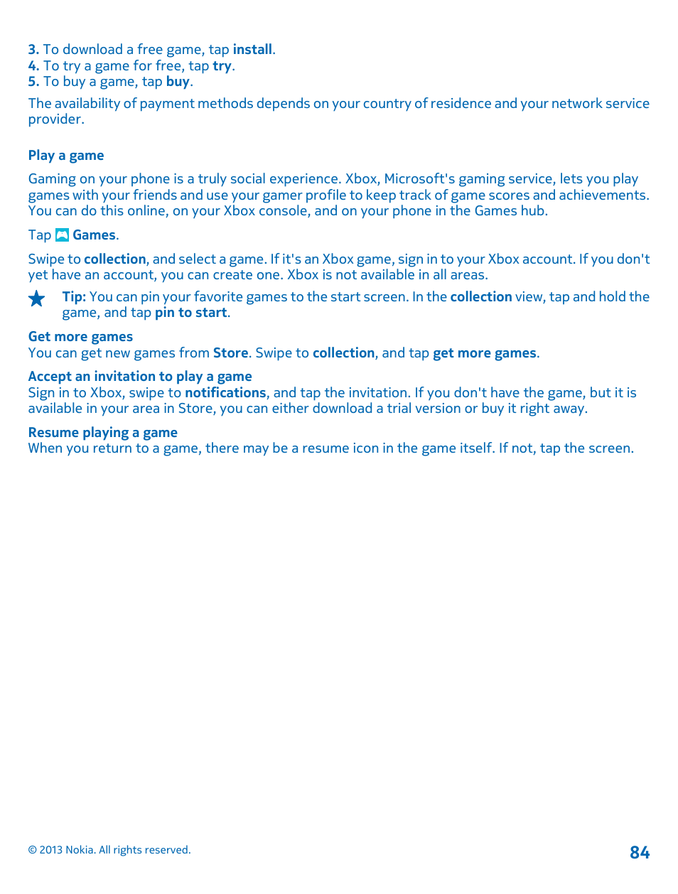 Play a game | Nokia Lumia 620 User Manual | Page 84 / 110