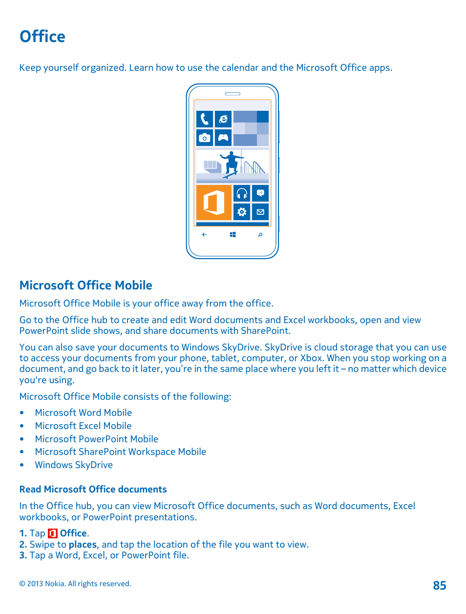 Office, Microsoft office mobile, Read microsoft office documents | Office 85 microsoft office mobile | Nokia Lumia 620 User Manual | Page 85 / 110