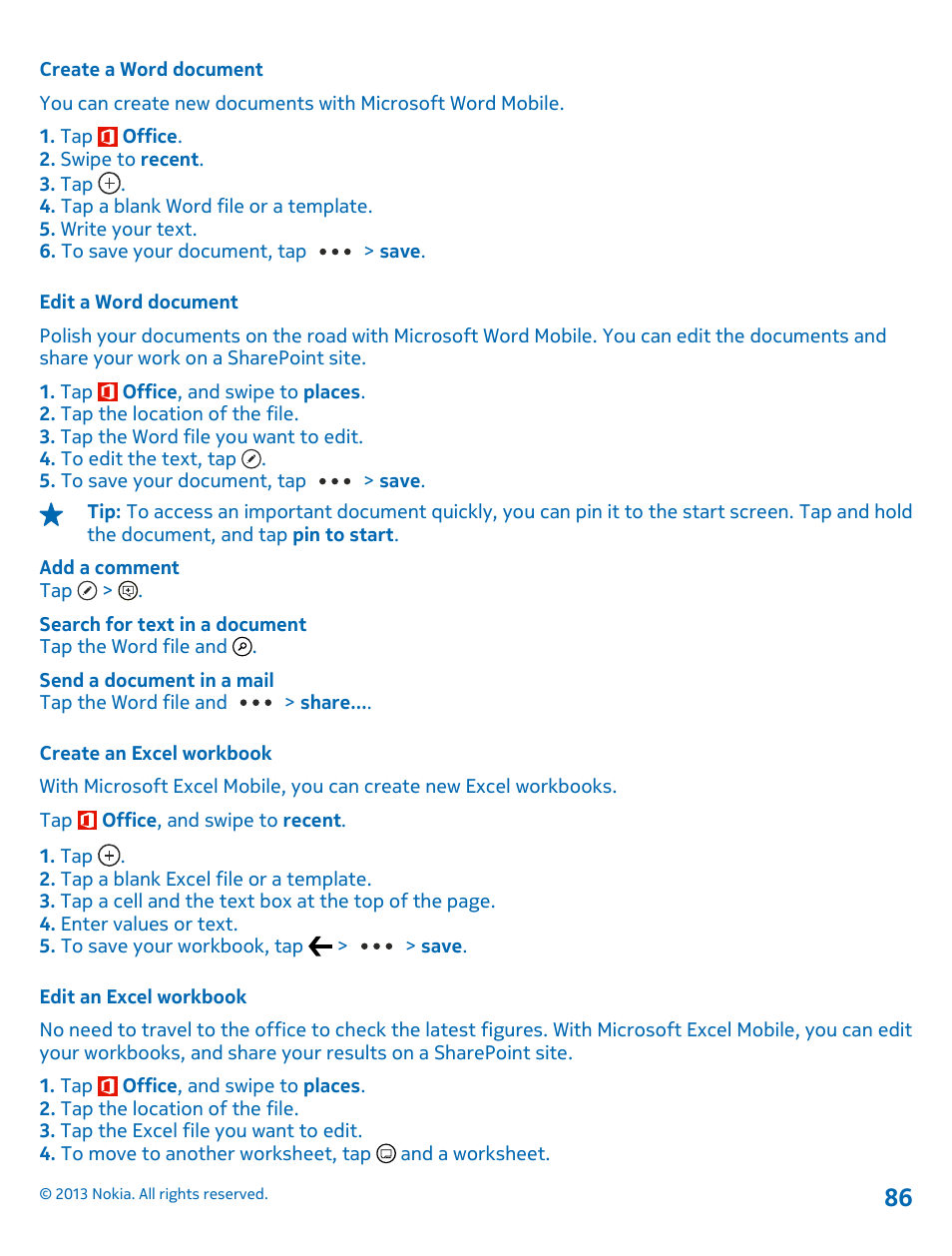 Create a word document, Edit a word document, Create an excel workbook | Edit an excel workbook | Nokia Lumia 620 User Manual | Page 86 / 110