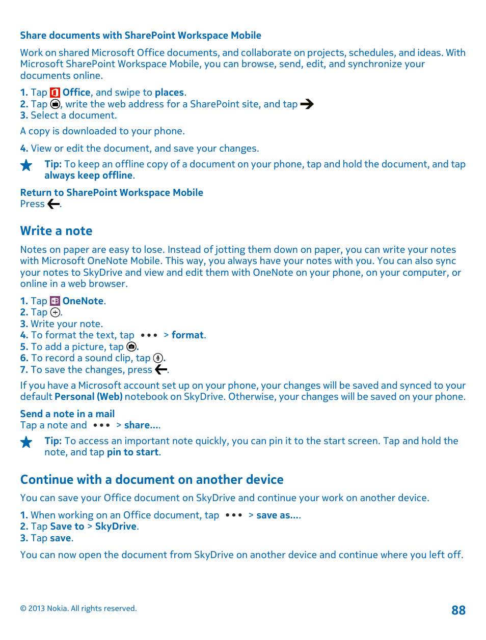 Share documents with sharepoint workspace mobile, Write a note, Continue with a document on another device | Continue with a document on another, Device 88 | Nokia Lumia 620 User Manual | Page 88 / 110