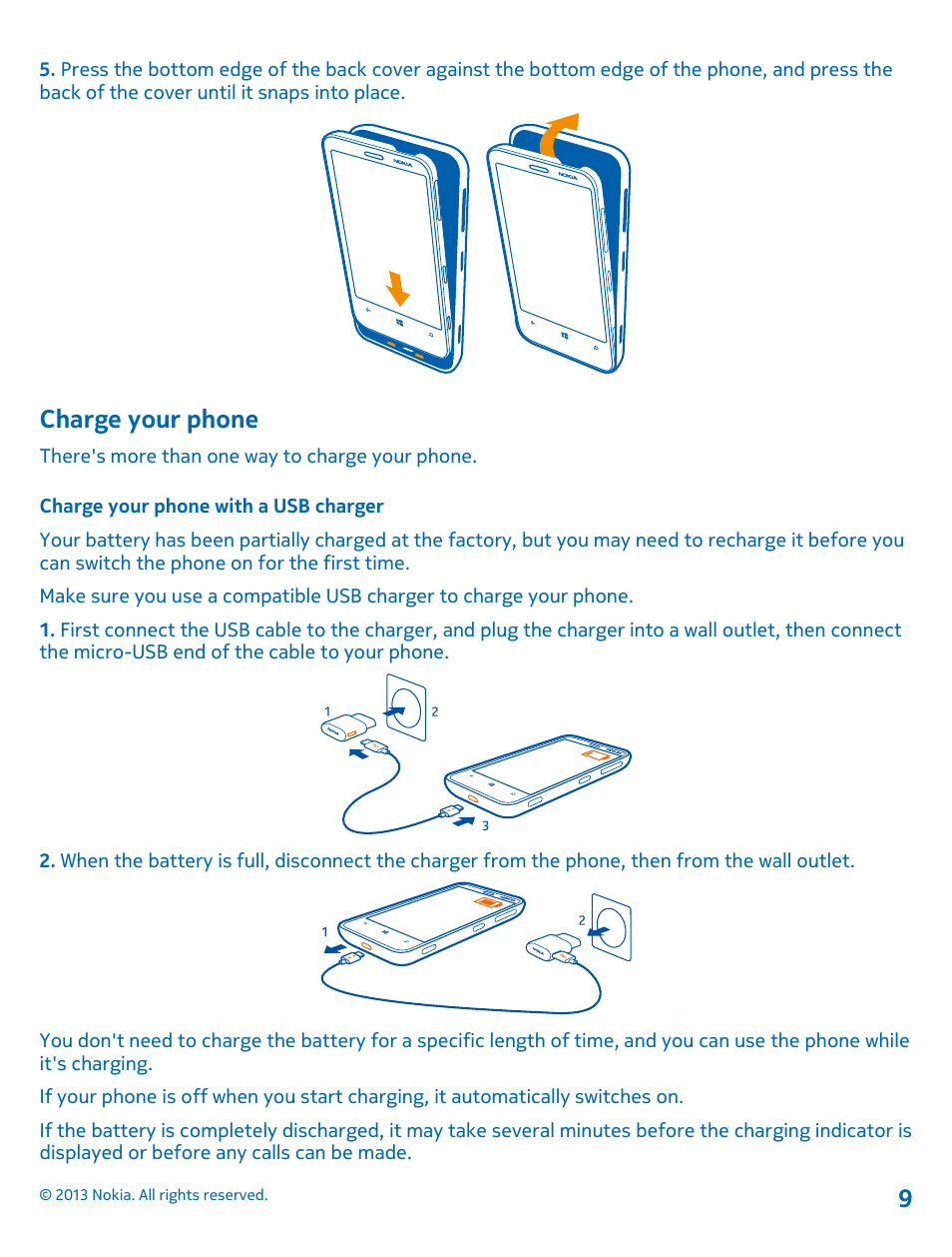 Charge your phone, Charge your phone with a usb charger | Nokia Lumia 620 User Manual | Page 9 / 110