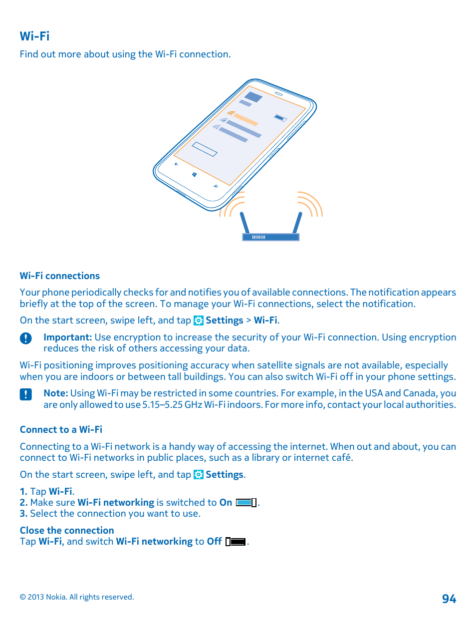 Wi-fi, Wi-fi connections, Connect to a wi-fi | Wi-fi 94 | Nokia Lumia 620 User Manual | Page 94 / 110