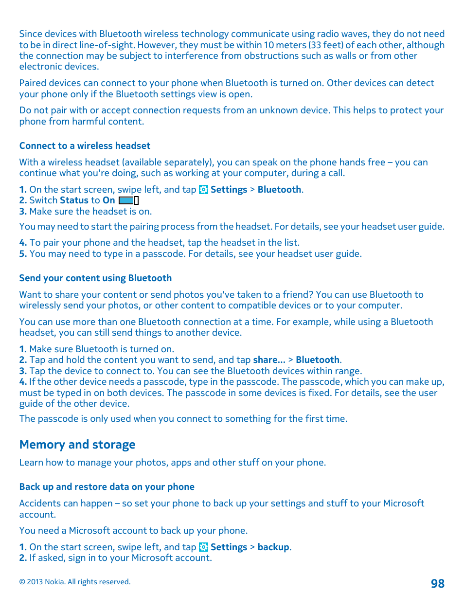 Connect to a wireless headset, Send your content using bluetooth, Memory and storage | Back up and restore data on your phone | Nokia Lumia 620 User Manual | Page 98 / 110