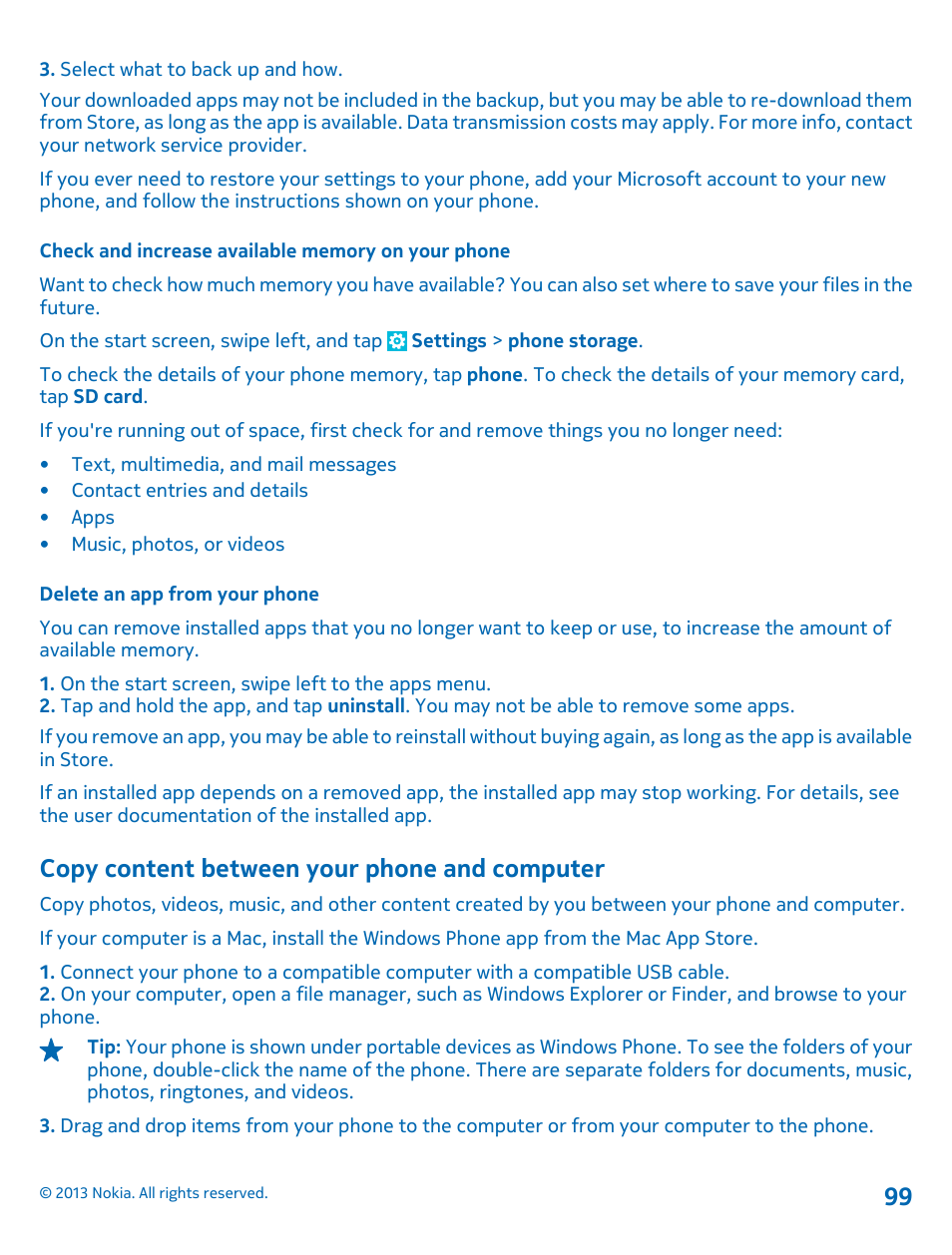 Check and increase available memory on your phone, Delete an app from your phone, Copy content between your phone and computer | Copy content between your phone and, Computer 99 | Nokia Lumia 620 User Manual | Page 99 / 110