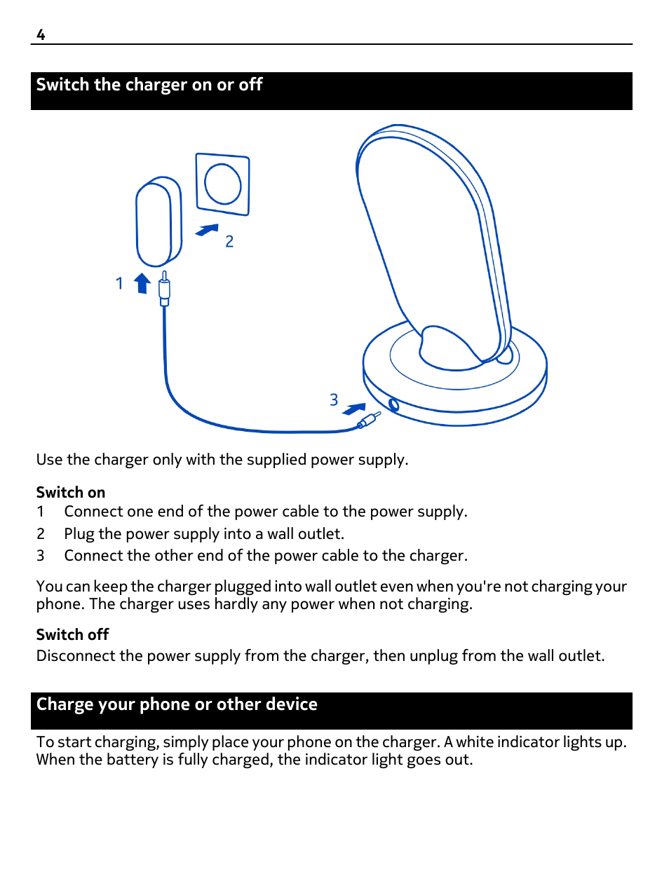 Switch the charger on or off, Charge your phone or other device | Nokia DT-910 User Manual | Page 4 / 9
