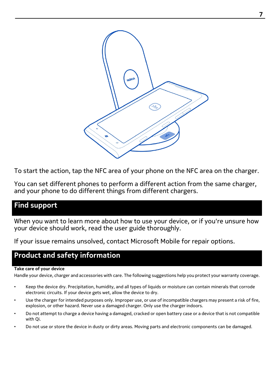 Find support, Product and safety information, Take care of your device | Nokia DT-910 User Manual | Page 7 / 9