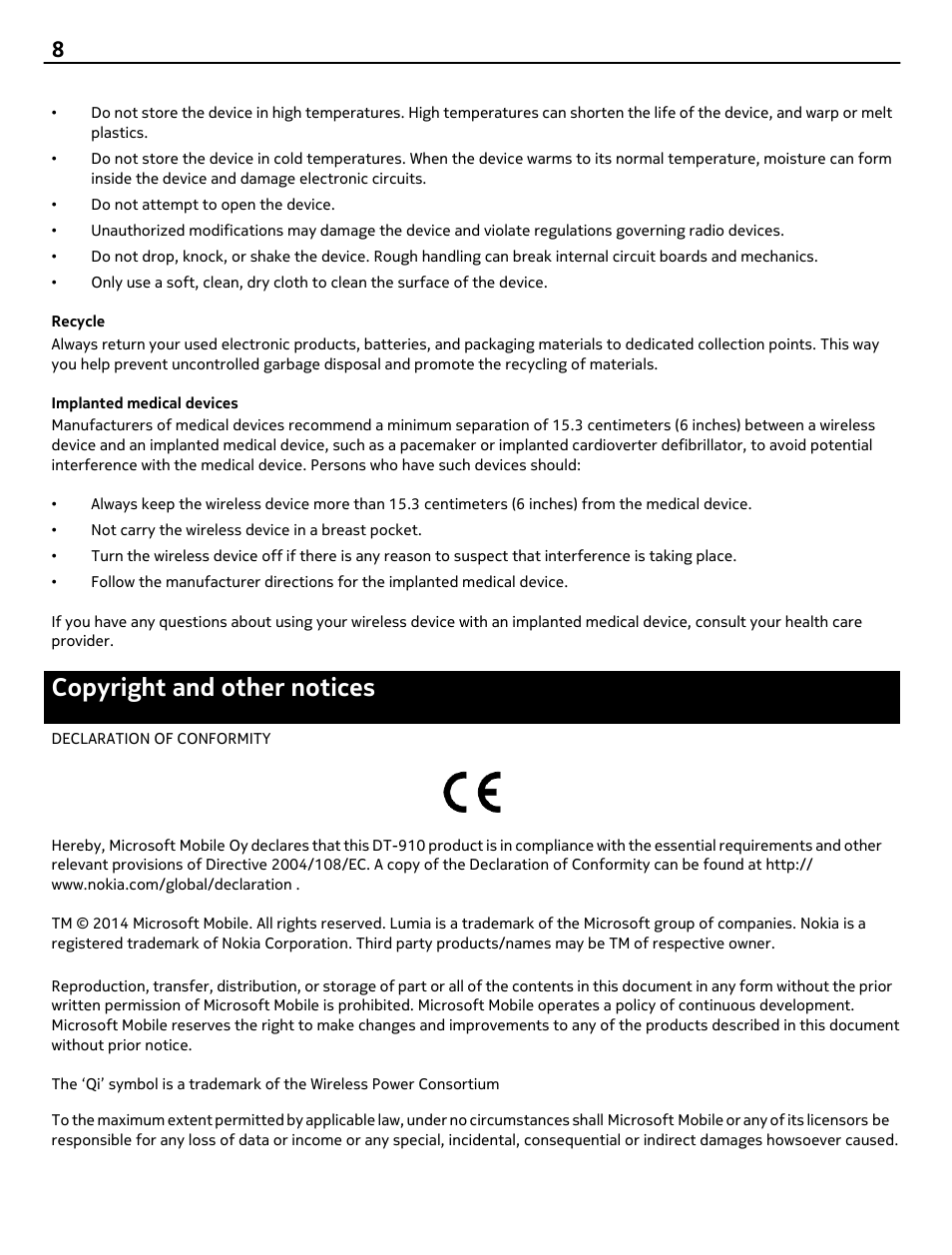 Recycle, Implanted medical devices, Copyright and other notices | Nokia DT-910 User Manual | Page 8 / 9