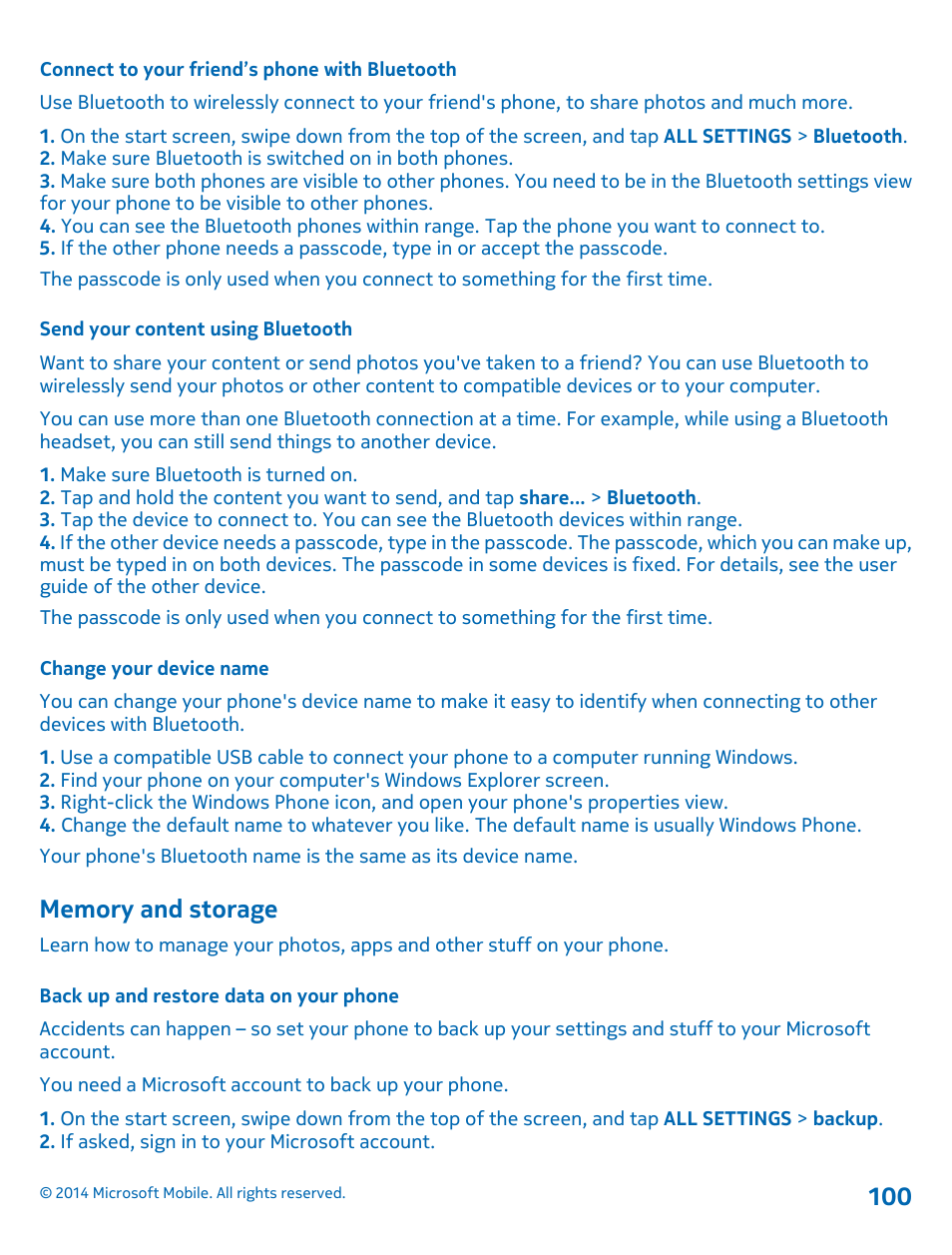 Connect to your friend’s phone with bluetooth, Send your content using bluetooth, Change your device name | Memory and storage, Back up and restore data on your phone | Nokia Lumia 1520 User Manual | Page 100 / 115