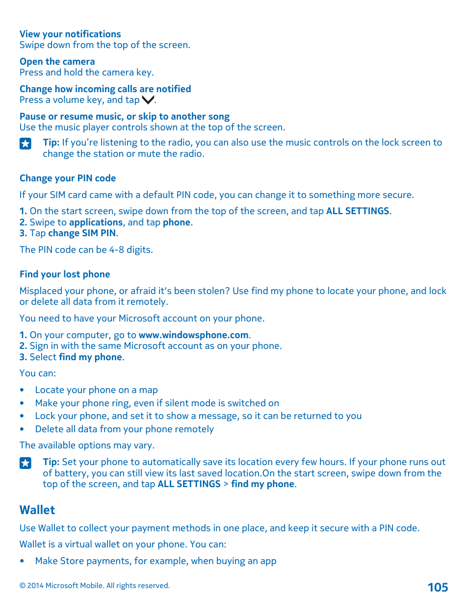 Change your pin code, Find your lost phone, Wallet | Nokia Lumia 1520 User Manual | Page 105 / 115