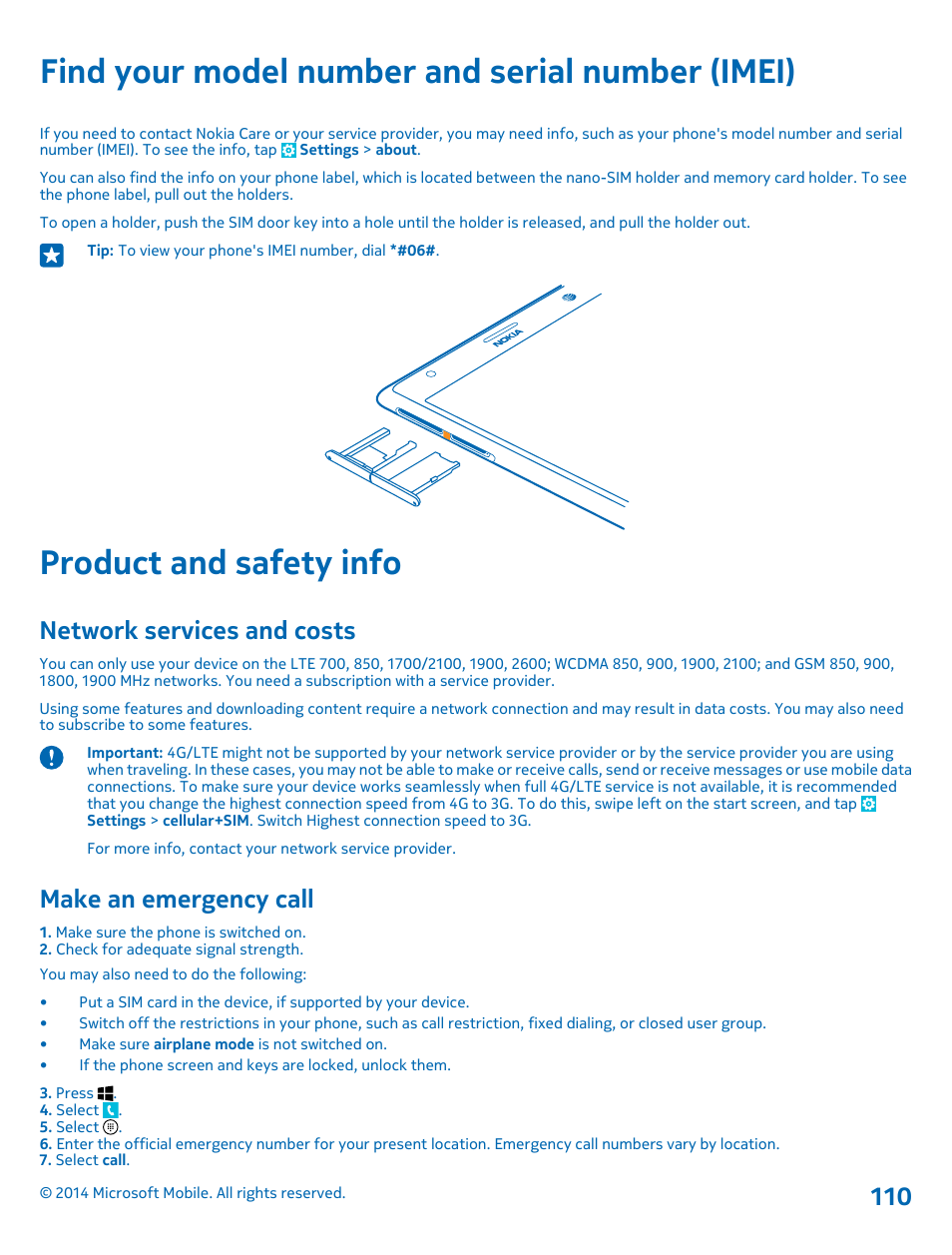 Find your model number and serial number (imei), Product and safety info, Network services and costs | Make an emergency call, Find your model number and serial, Number (imei) | Nokia Lumia 1520 User Manual | Page 110 / 115