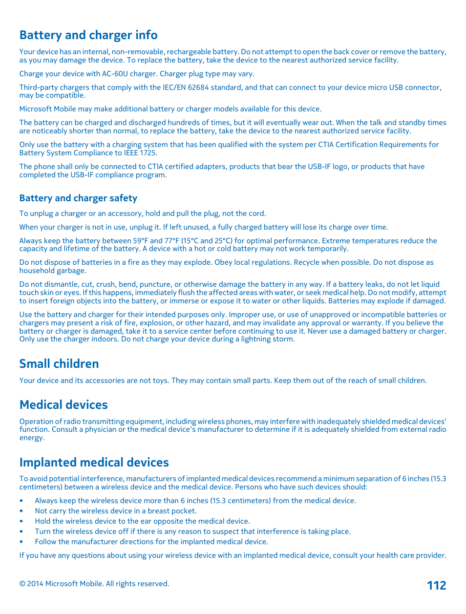 Battery and charger info, Battery and charger safety, Small children | Medical devices, Implanted medical devices | Nokia Lumia 1520 User Manual | Page 112 / 115