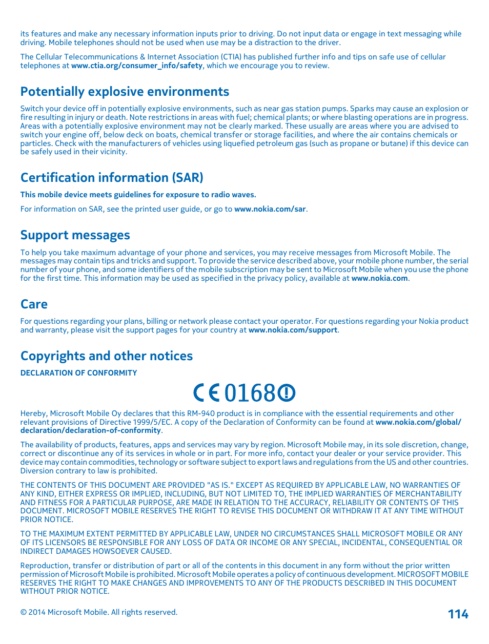 Potentially explosive environments, Certification information (sar), Support messages | Care, Copyrights and other notices | Nokia Lumia 1520 User Manual | Page 114 / 115