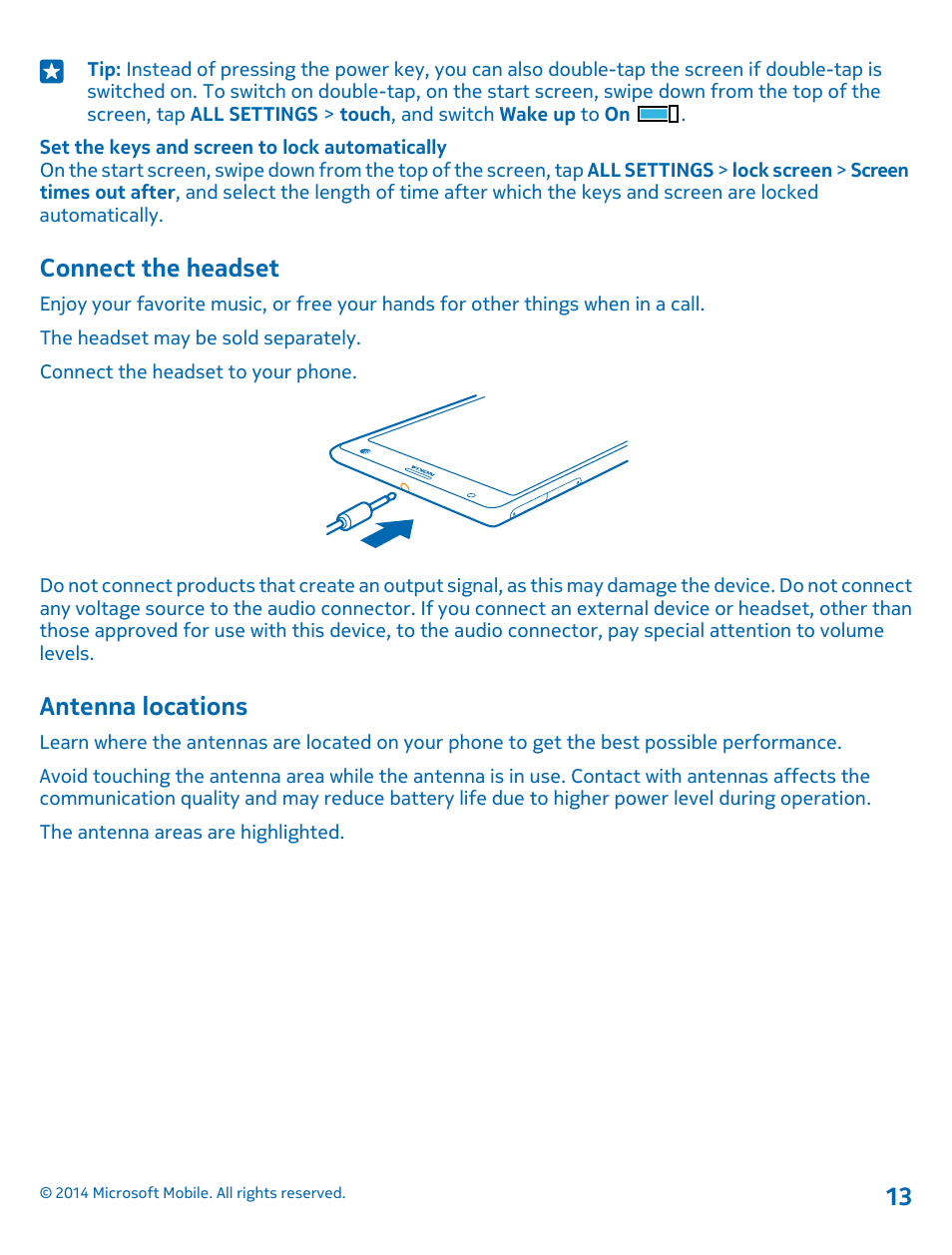 Connect the headset, Antenna locations | Nokia Lumia 1520 User Manual | Page 13 / 115