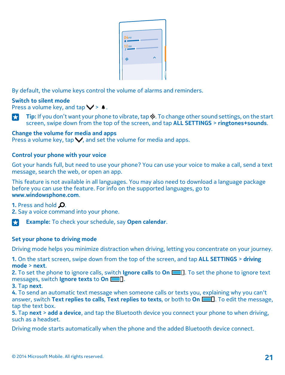 Control your phone with your voice, Set your phone to driving mode | Nokia Lumia 1520 User Manual | Page 21 / 115