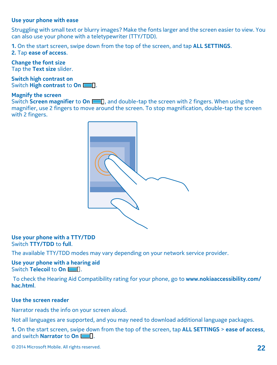Use your phone with ease, Use the screen reader | Nokia Lumia 1520 User Manual | Page 22 / 115