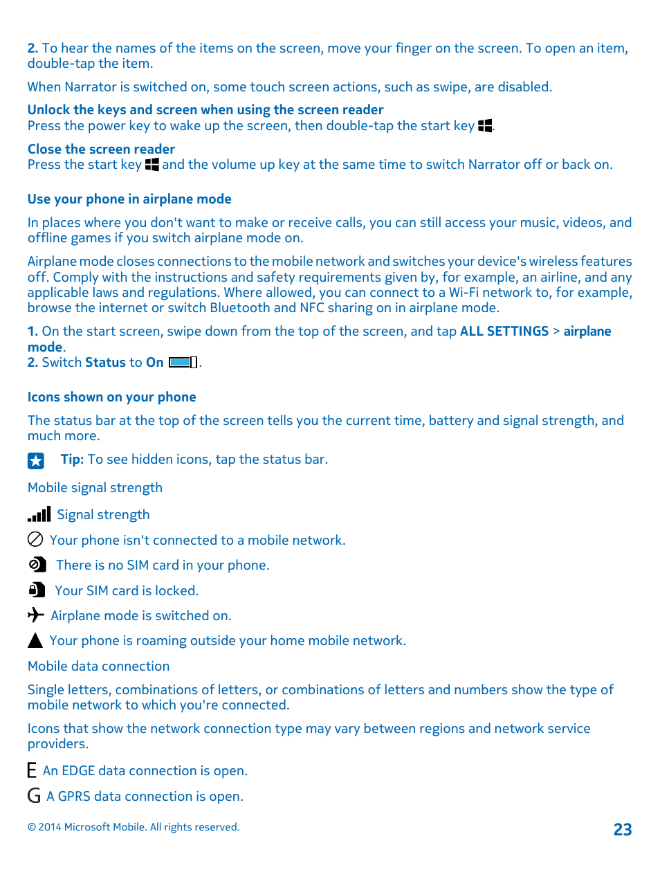 Use your phone in airplane mode, Icons shown on your phone | Nokia Lumia 1520 User Manual | Page 23 / 115
