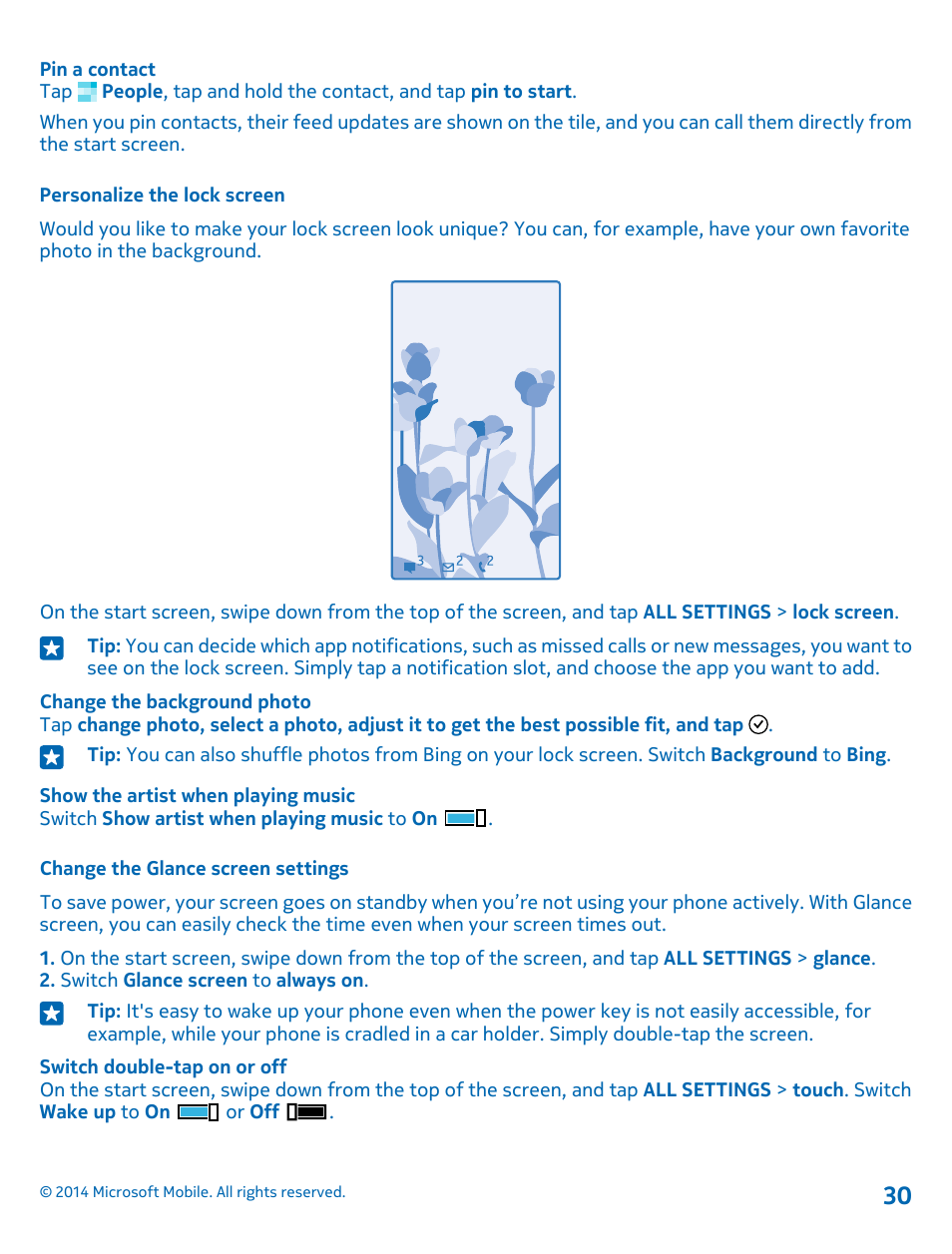 Personalize the lock screen, Change the glance screen settings | Nokia Lumia 1520 User Manual | Page 30 / 115
