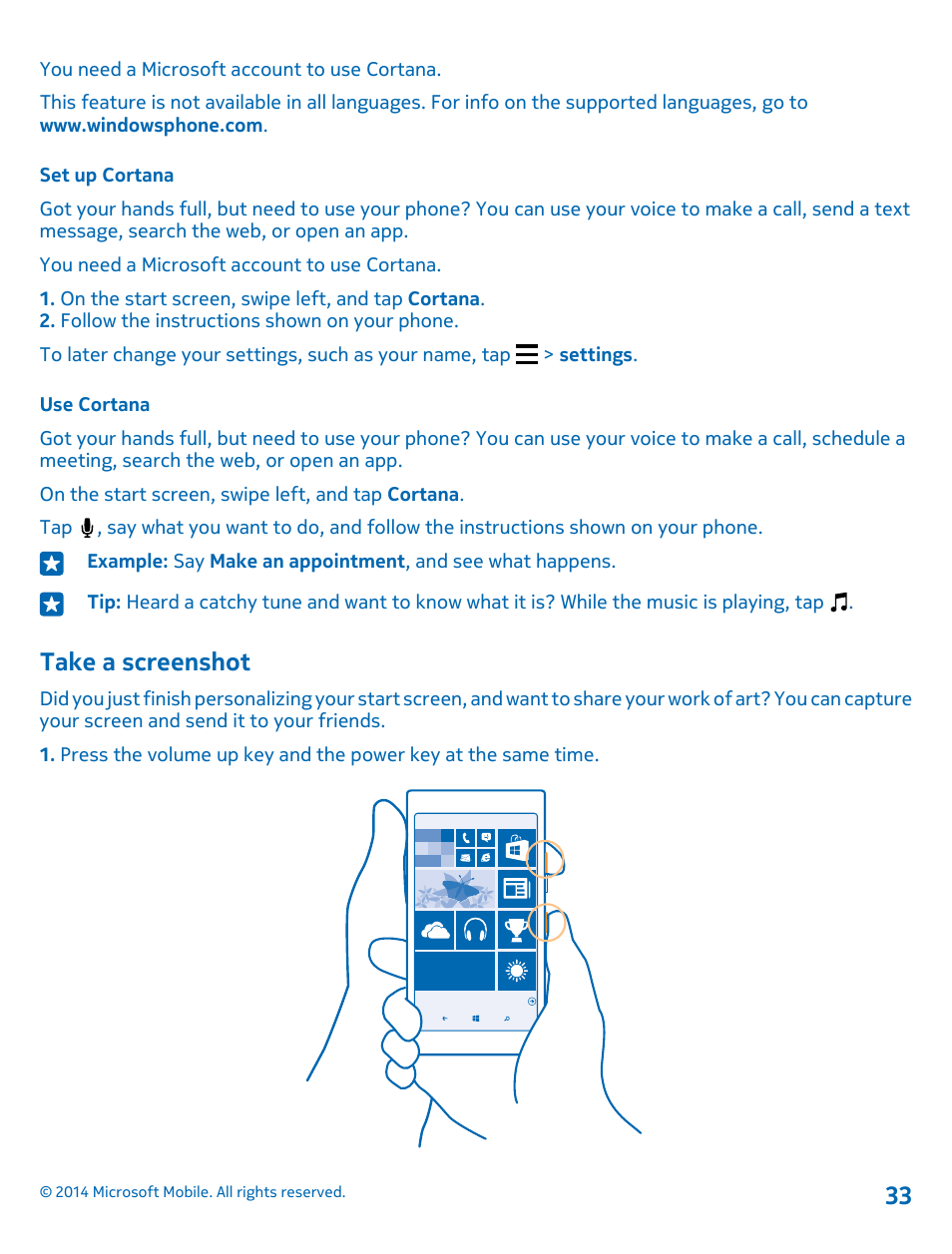 Set up cortana, Use cortana, Take a screenshot | Nokia Lumia 1520 User Manual | Page 33 / 115