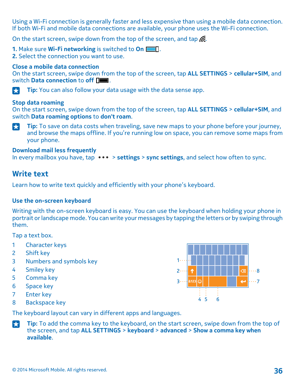 Write text, Use the on-screen keyboard | Nokia Lumia 1520 User Manual | Page 36 / 115