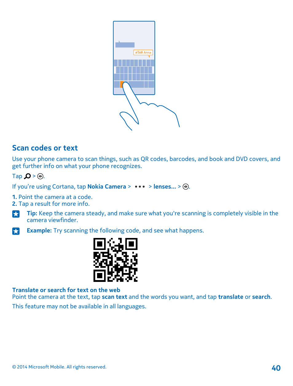 Scan codes or text | Nokia Lumia 1520 User Manual | Page 40 / 115