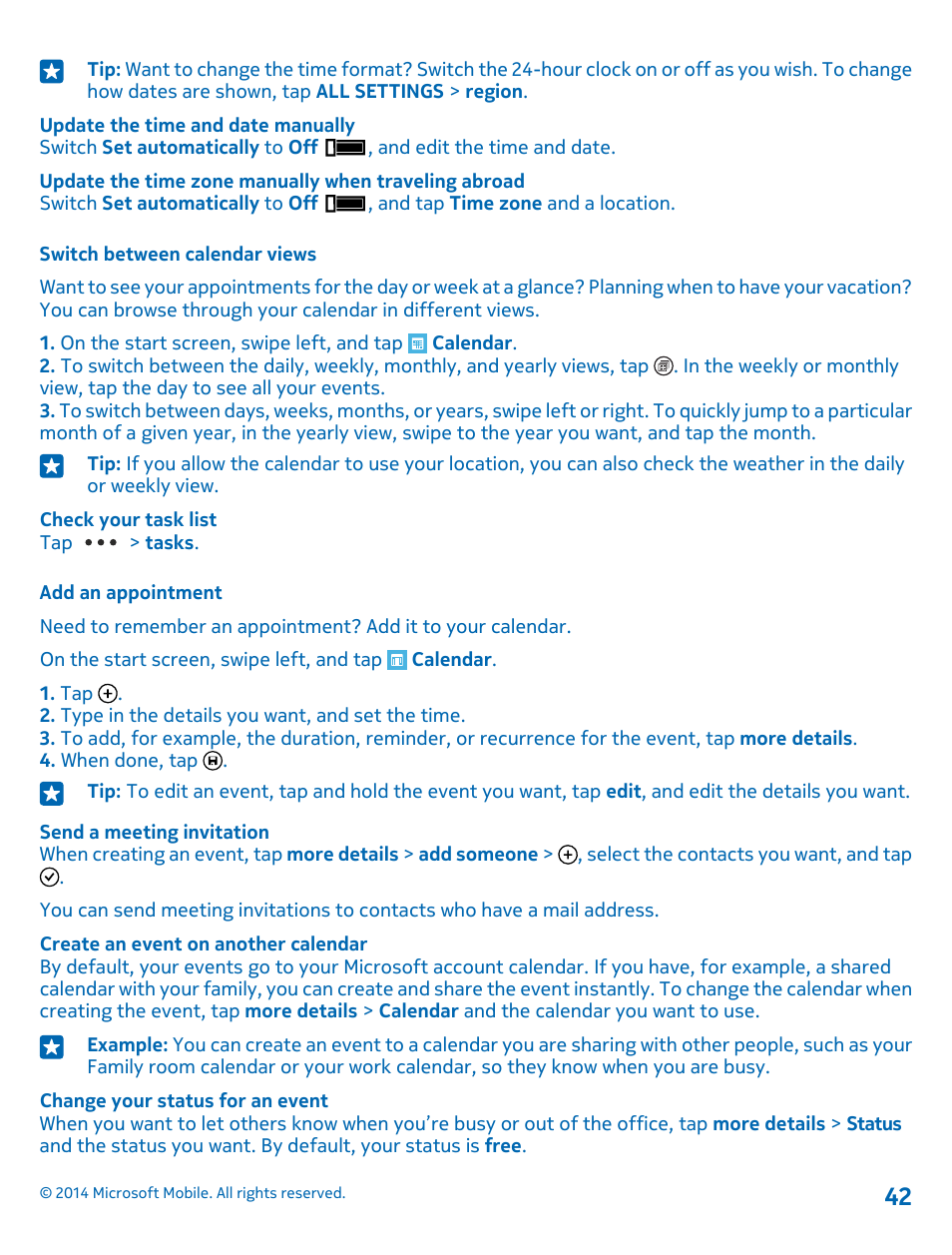 Switch between calendar views, Add an appointment | Nokia Lumia 1520 User Manual | Page 42 / 115