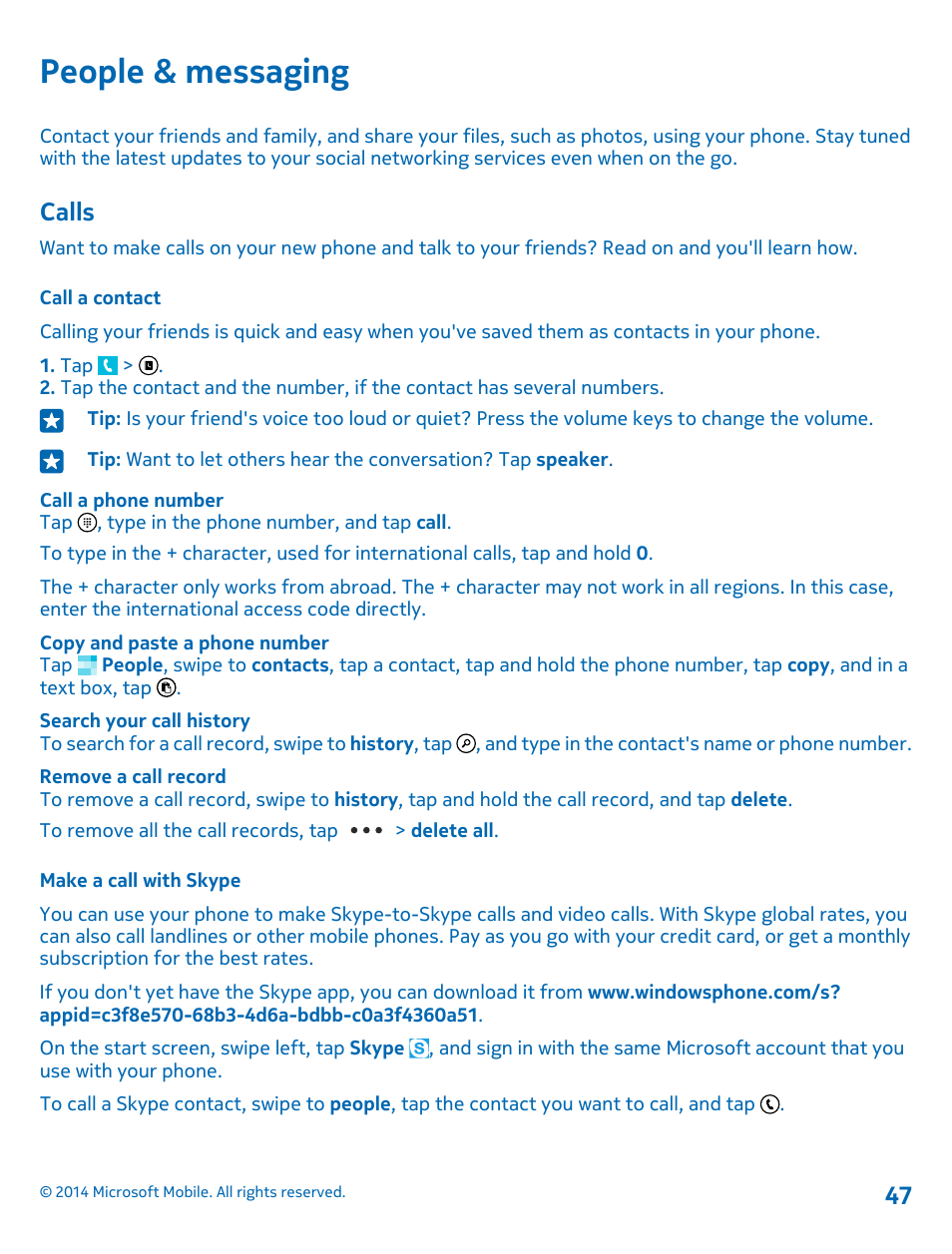 People & messaging, Calls, Call a contact | Make a call with skype | Nokia Lumia 1520 User Manual | Page 47 / 115