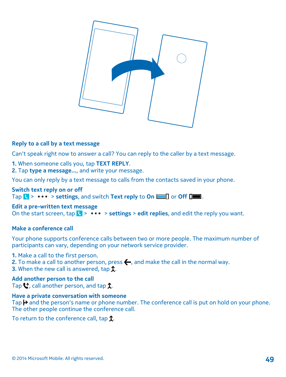 Reply to a call by a text message, Make a conference call | Nokia Lumia 1520 User Manual | Page 49 / 115