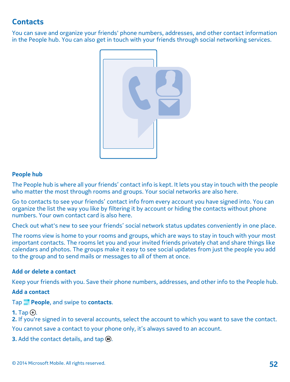 Contacts, People hub, Add or delete a contact | Nokia Lumia 1520 User Manual | Page 52 / 115