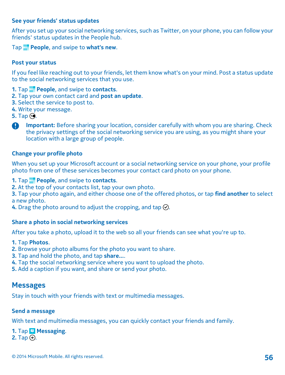 See your friends' status updates, Post your status, Change your profile photo | Share a photo in social networking services, Messages, Send a message | Nokia Lumia 1520 User Manual | Page 56 / 115