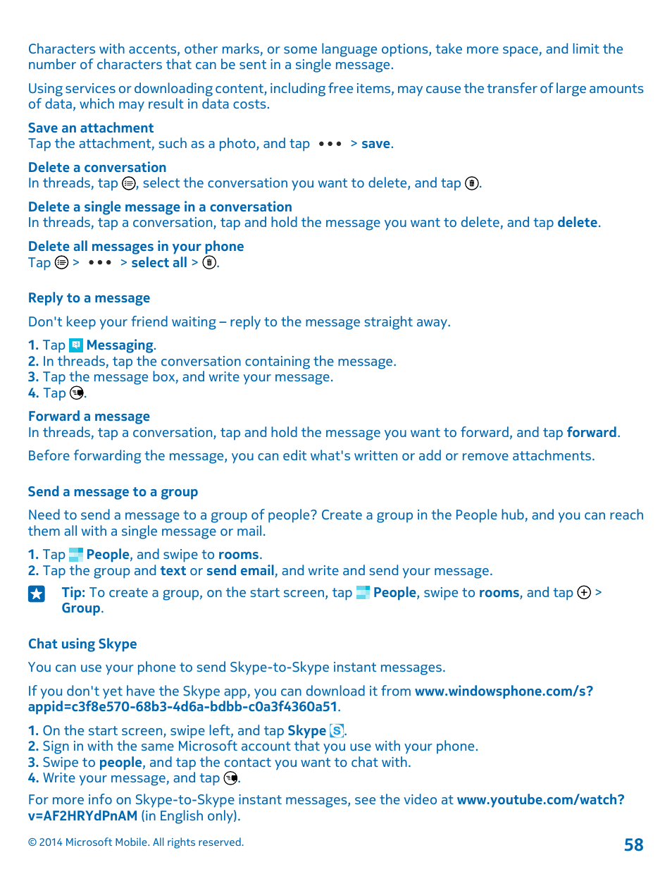 Reply to a message, Send a message to a group, Chat using skype | Nokia Lumia 1520 User Manual | Page 58 / 115