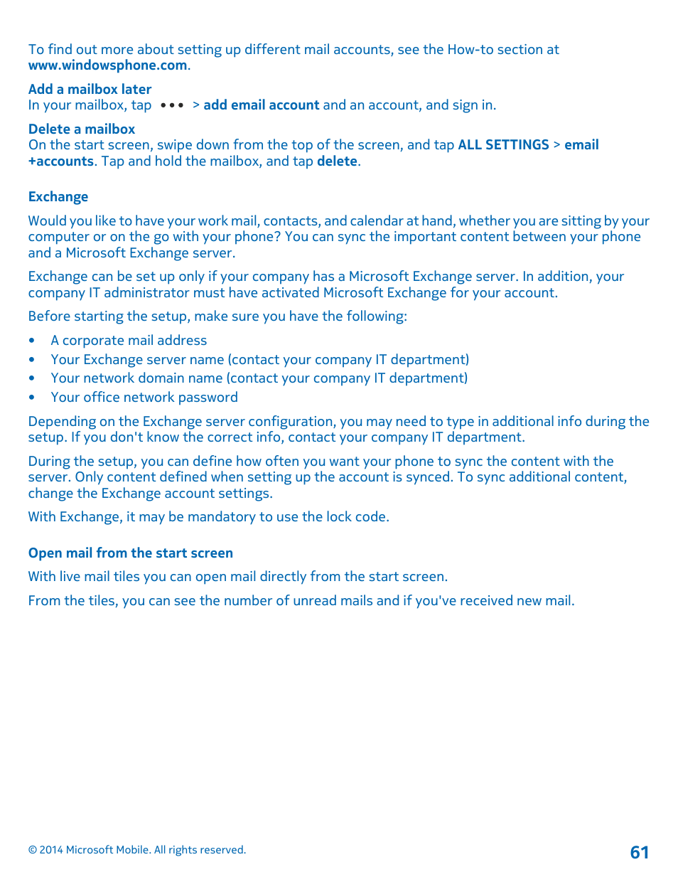 Exchange, Open mail from the start screen | Nokia Lumia 1520 User Manual | Page 61 / 115