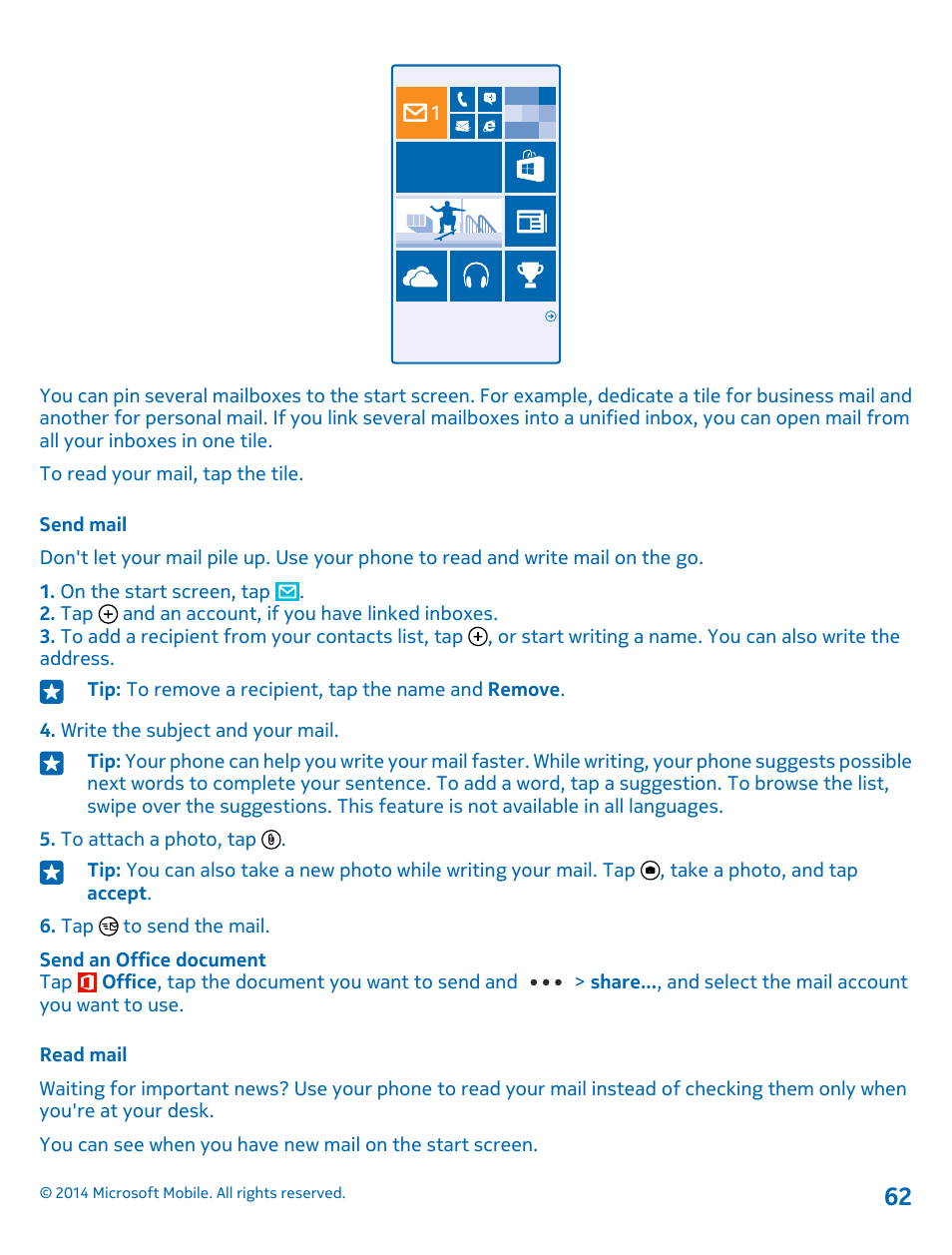 Send mail, Read mail | Nokia Lumia 1520 User Manual | Page 62 / 115