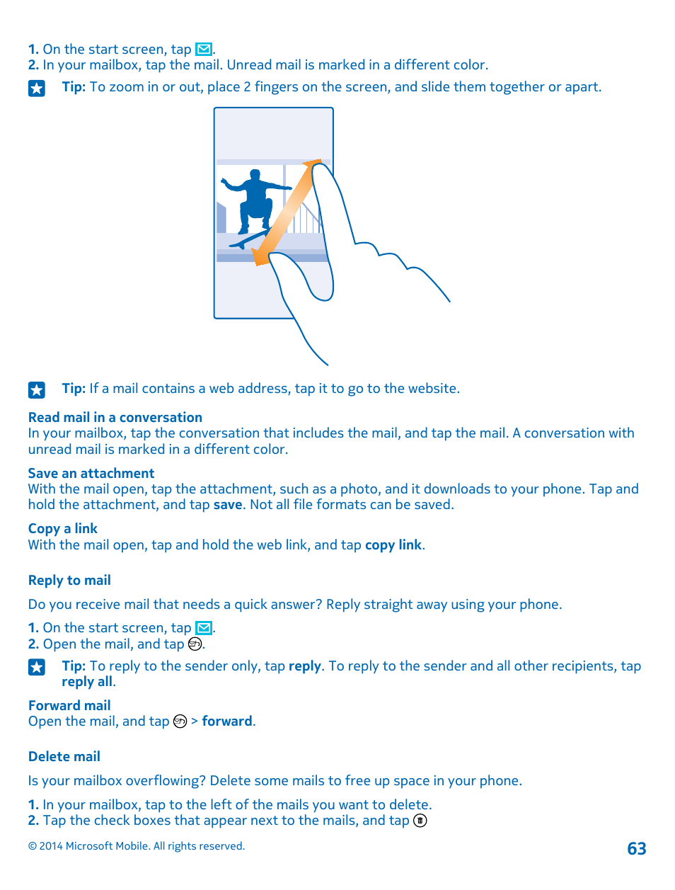 Reply to mail, Delete mail | Nokia Lumia 1520 User Manual | Page 63 / 115