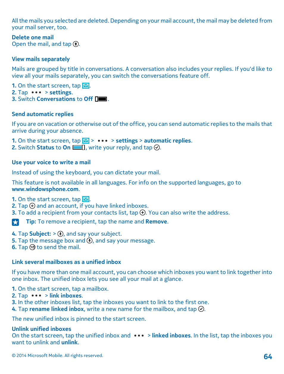View mails separately, Send automatic replies, Use your voice to write a mail | Link several mailboxes as a unified inbox | Nokia Lumia 1520 User Manual | Page 64 / 115