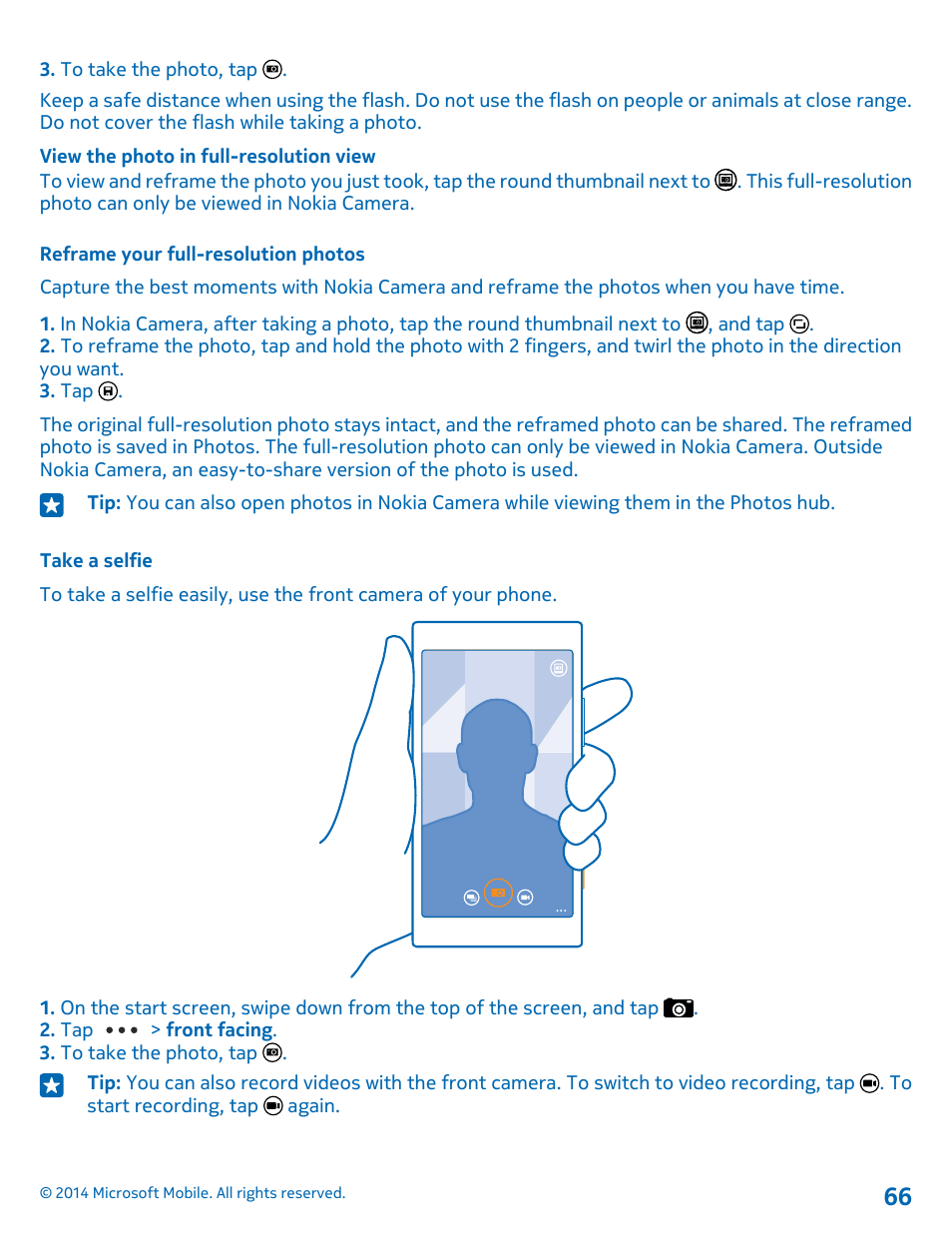 Reframe your full-resolution photos, Take a selfie | Nokia Lumia 1520 User Manual | Page 66 / 115