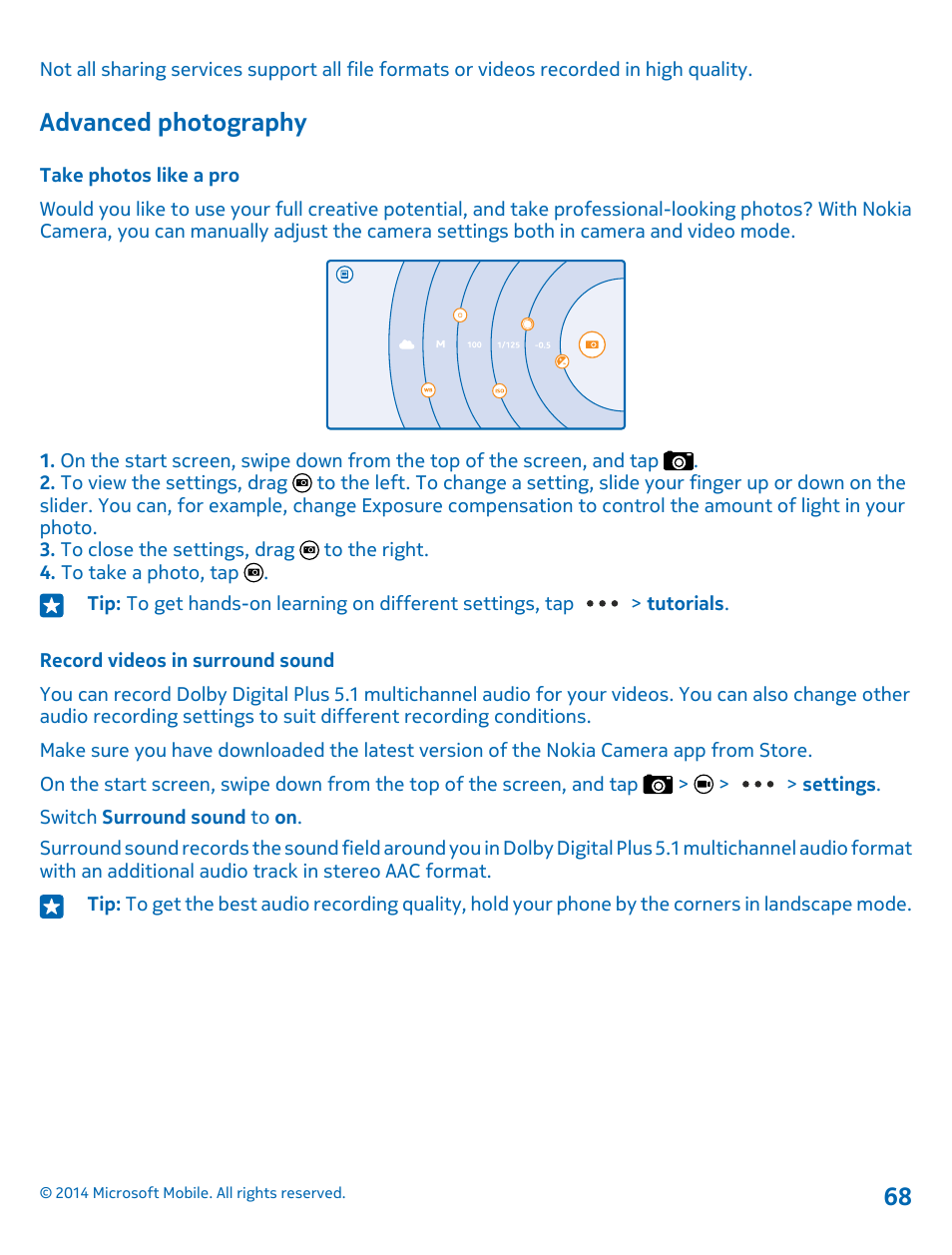 Advanced photography, Take photos like a pro, Record videos in surround sound | Nokia Lumia 1520 User Manual | Page 68 / 115