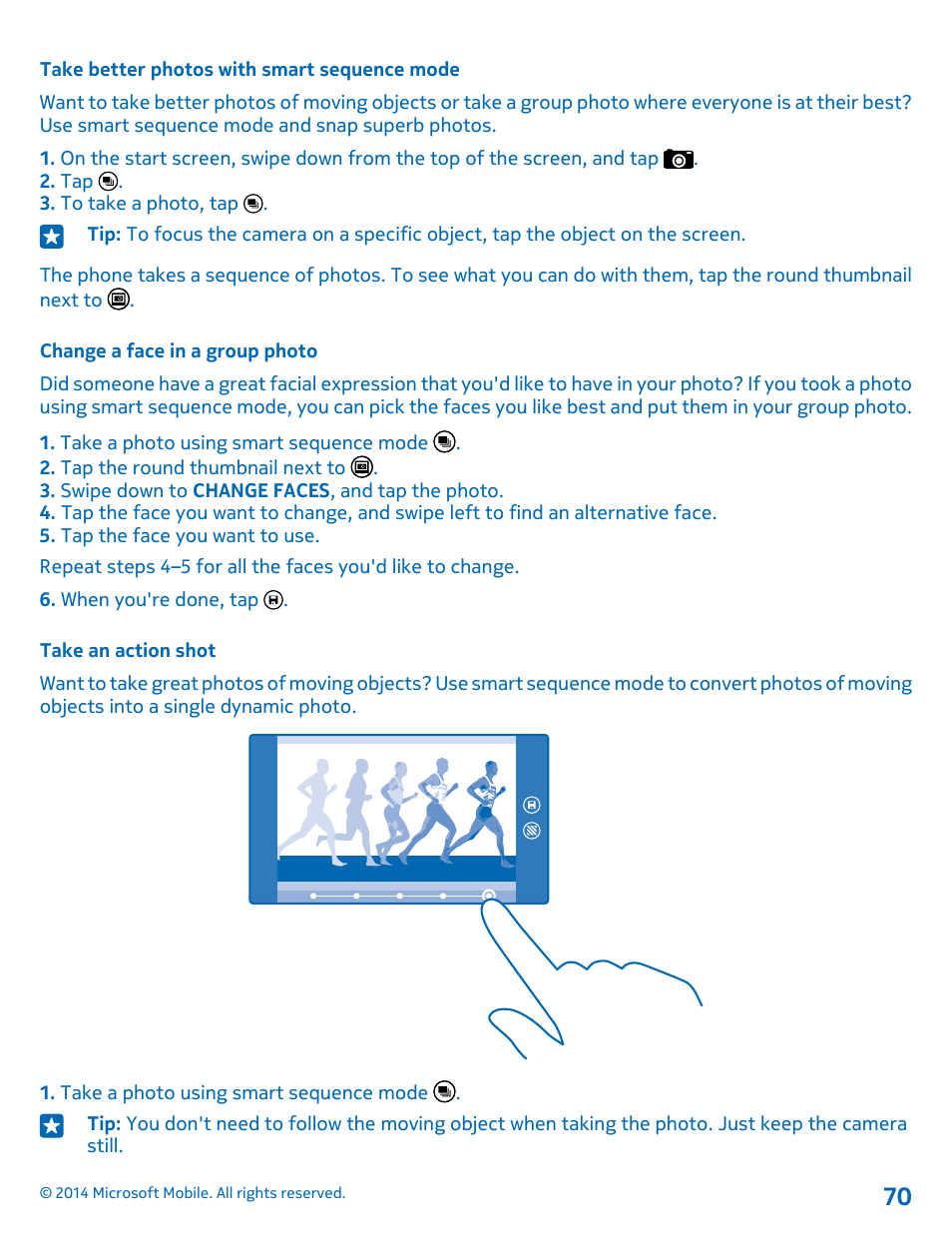 Take better photos with smart sequence mode, Change a face in a group photo, Take an action shot | Nokia Lumia 1520 User Manual | Page 70 / 115