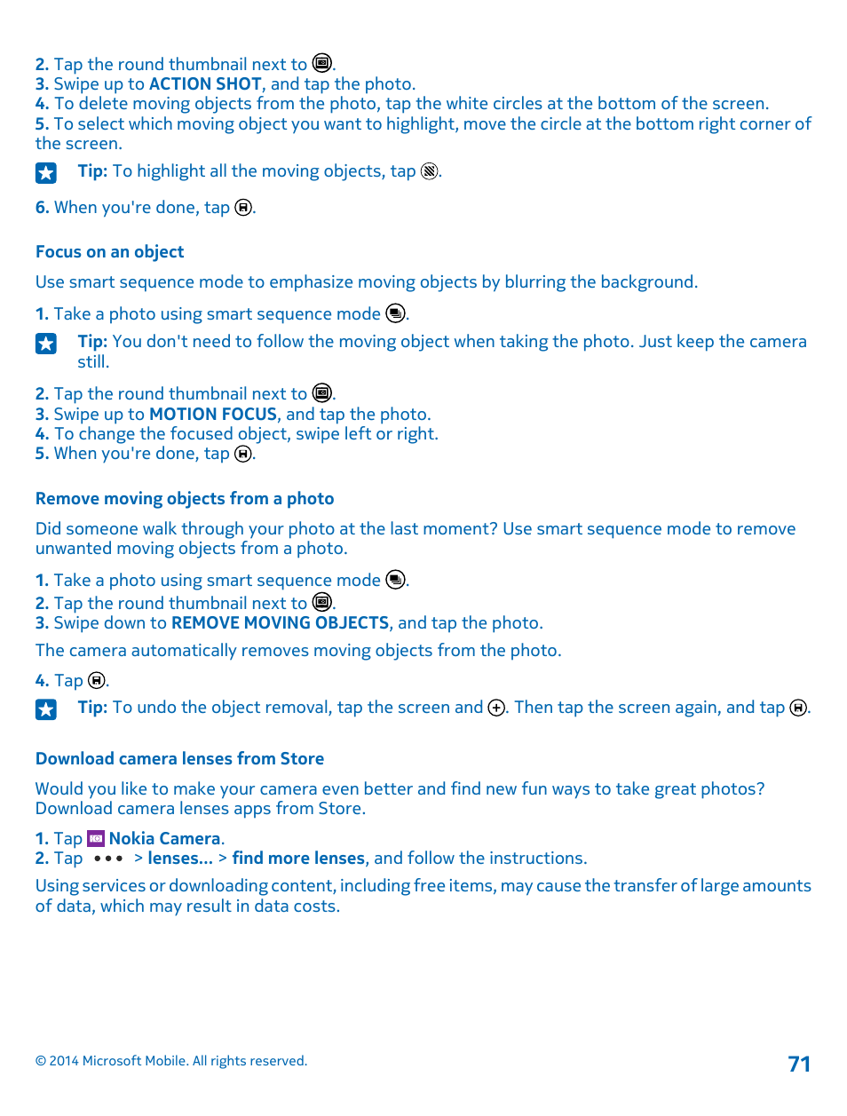 Focus on an object, Remove moving objects from a photo, Download camera lenses from store | Nokia Lumia 1520 User Manual | Page 71 / 115
