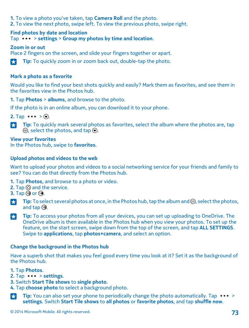 Mark a photo as a favorite, Upload photos and videos to the web, Change the background in the photos hub | Nokia Lumia 1520 User Manual | Page 73 / 115