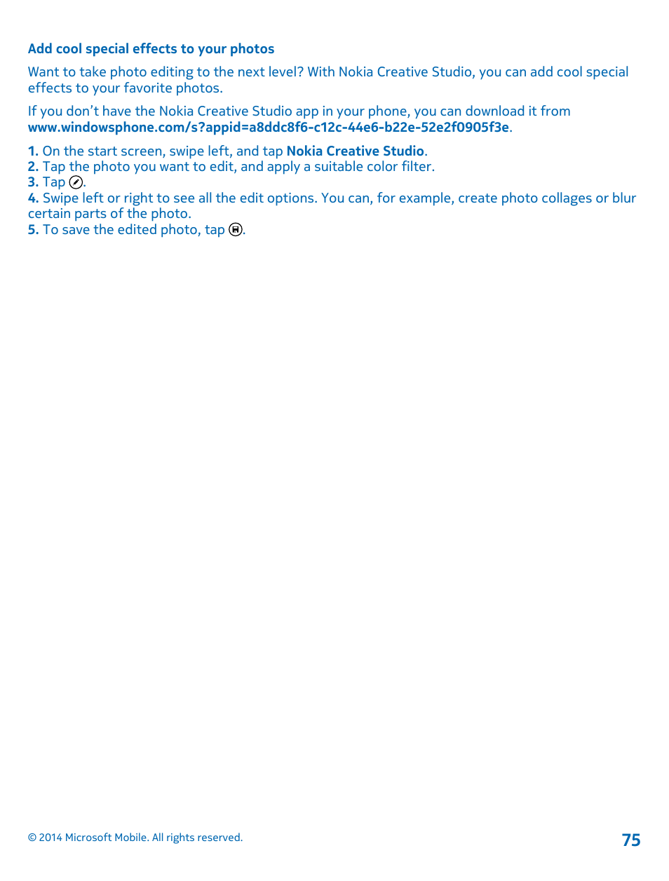 Add cool special effects to your photos | Nokia Lumia 1520 User Manual | Page 75 / 115
