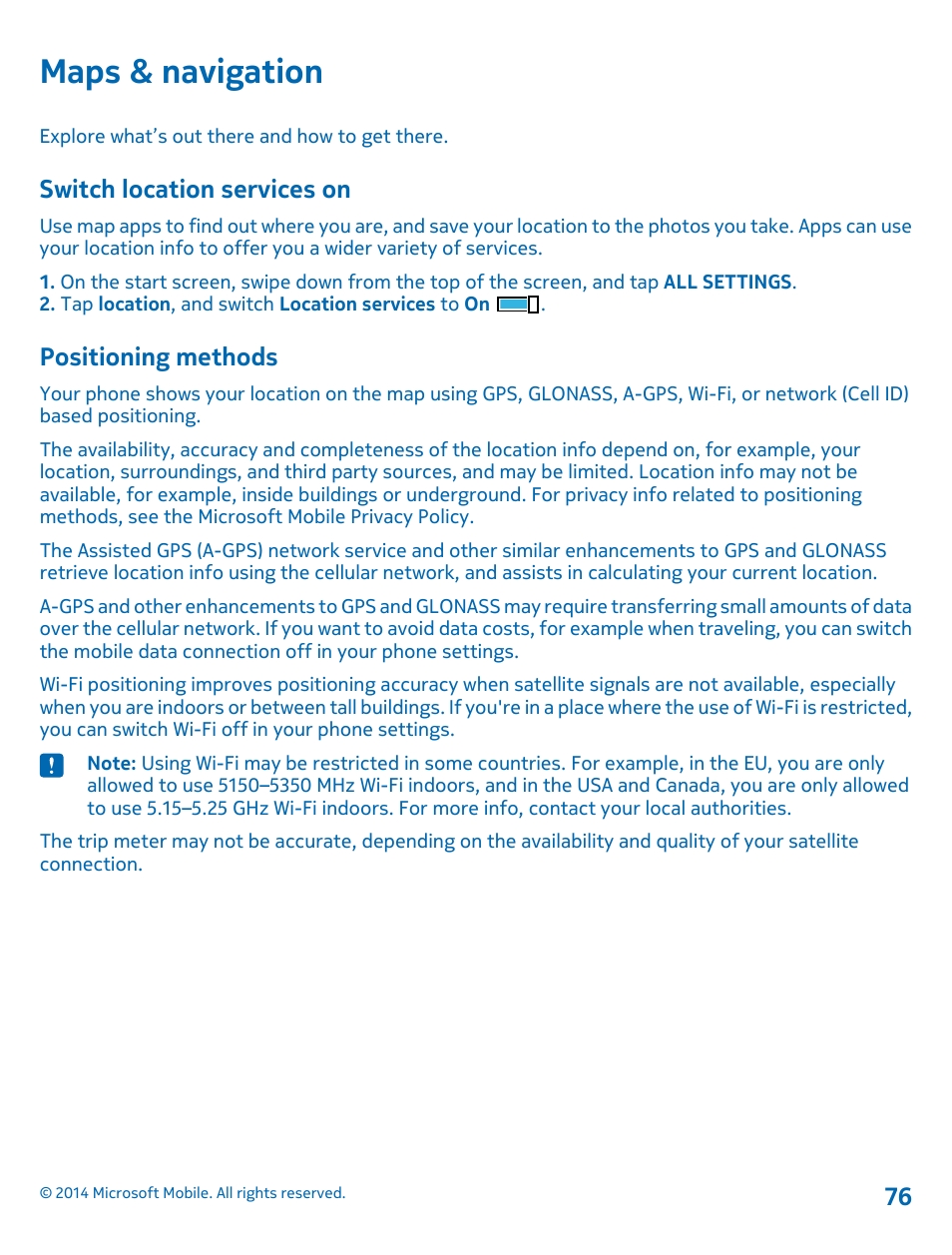 Maps & navigation, Switch location services on, Positioning methods | Nokia Lumia 1520 User Manual | Page 76 / 115