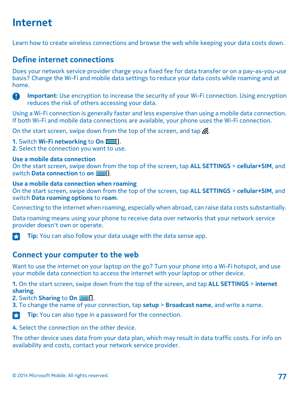 Internet, Define internet connections, Connect your computer to the web | Nokia Lumia 1520 User Manual | Page 77 / 115