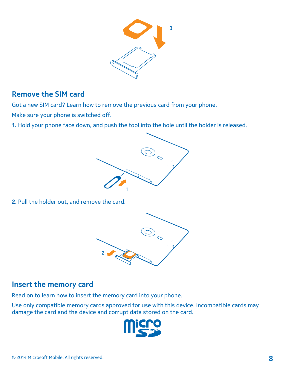 Remove the sim card, Insert the memory card | Nokia Lumia 1520 User Manual | Page 8 / 115