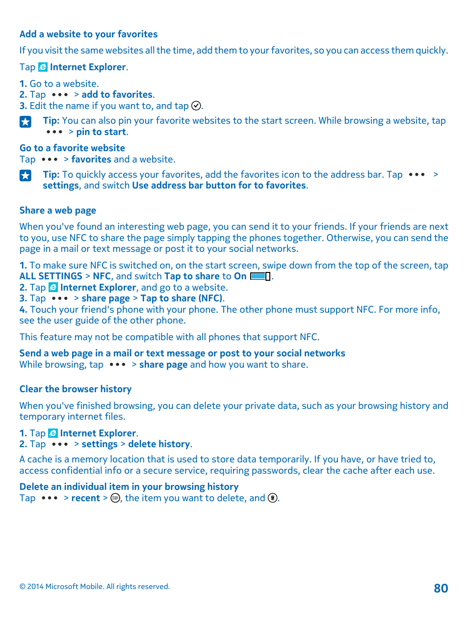 Add a website to your favorites, Clear the browser history | Nokia Lumia 1520 User Manual | Page 80 / 115